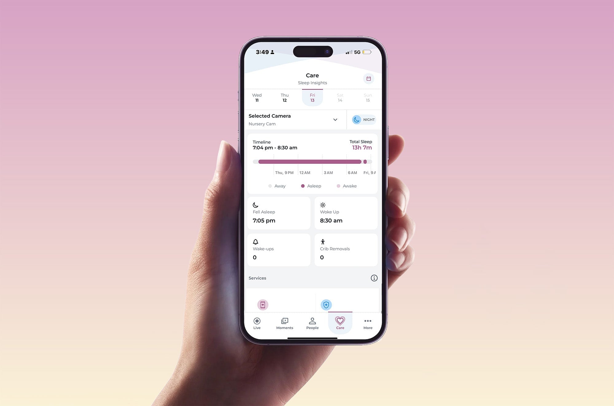 Harbor Mobile App Showing Sleep Insights on Gradient purple to yellow background