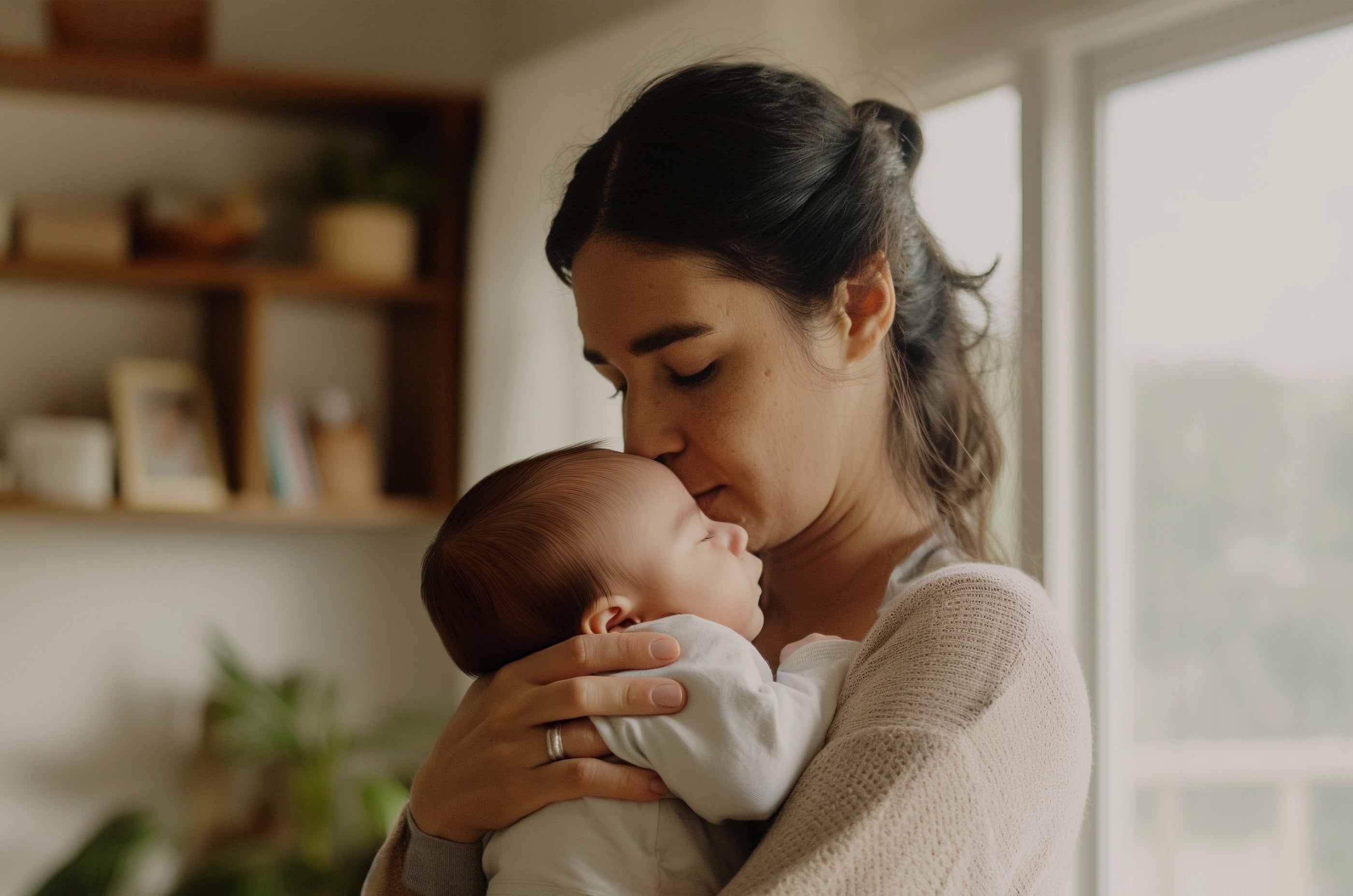 mom holding baby