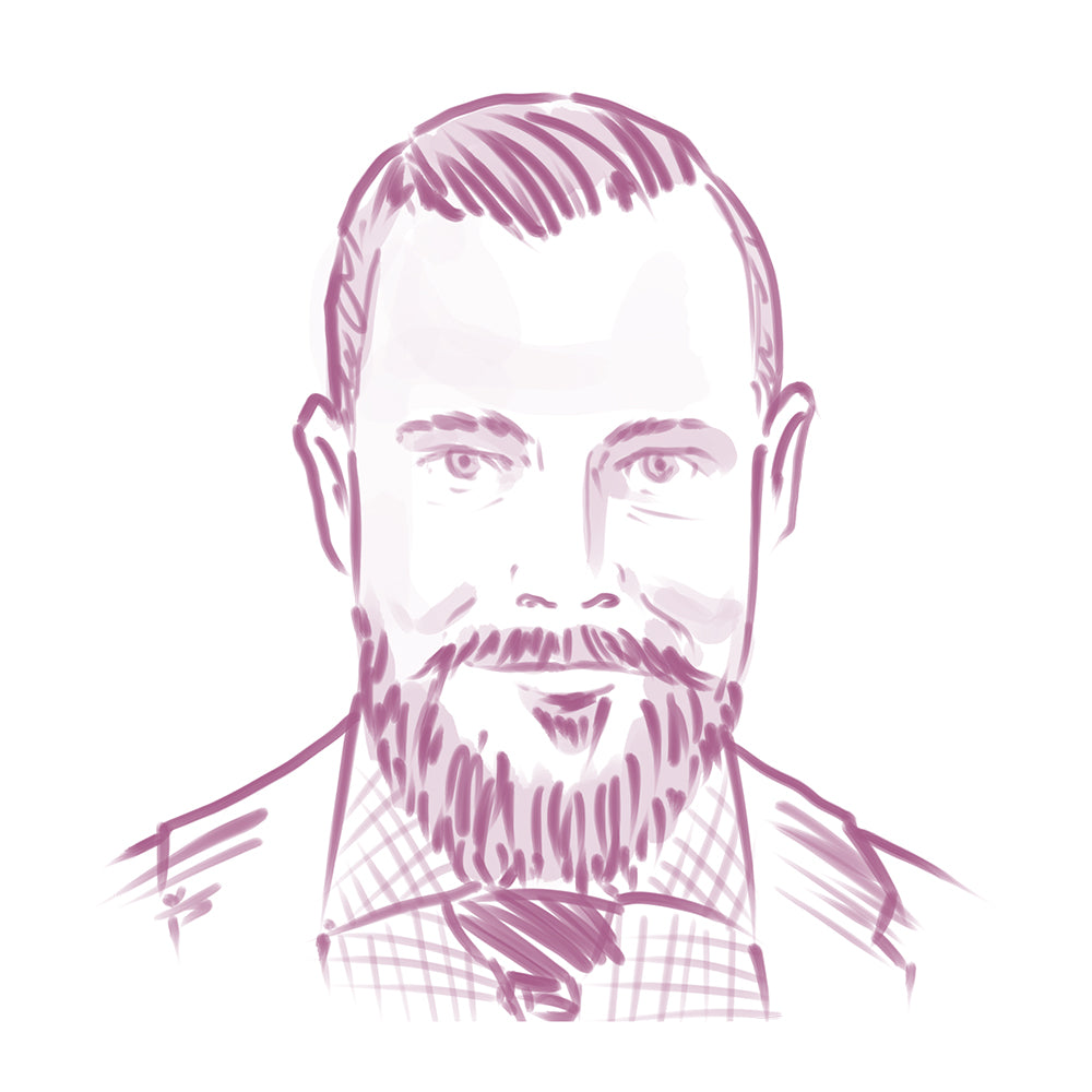purple sketch of Charlie Hill, CoFounder & CPO of Harbor