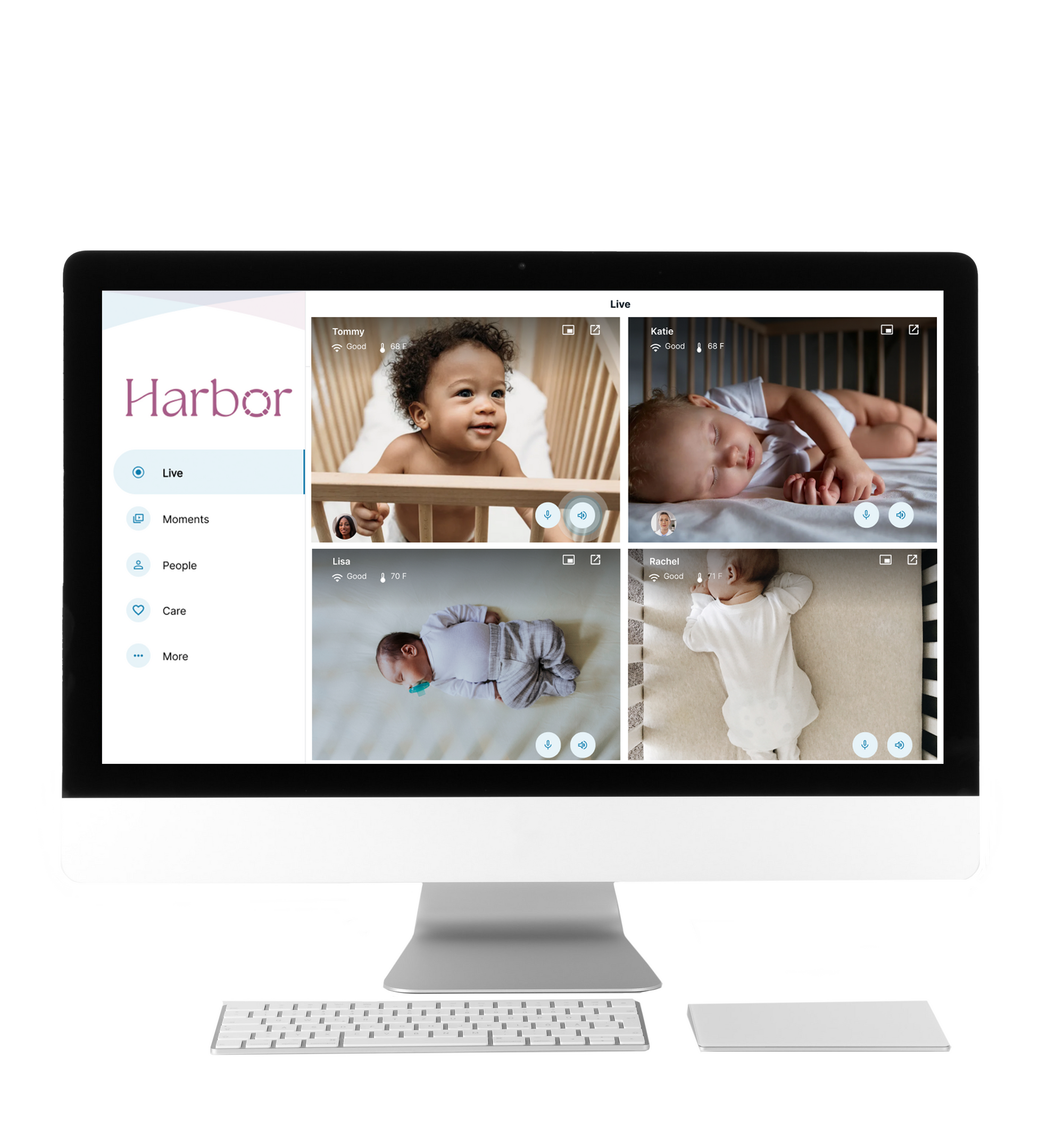 Desktop computer showing harbor's online app with spilt view of four children