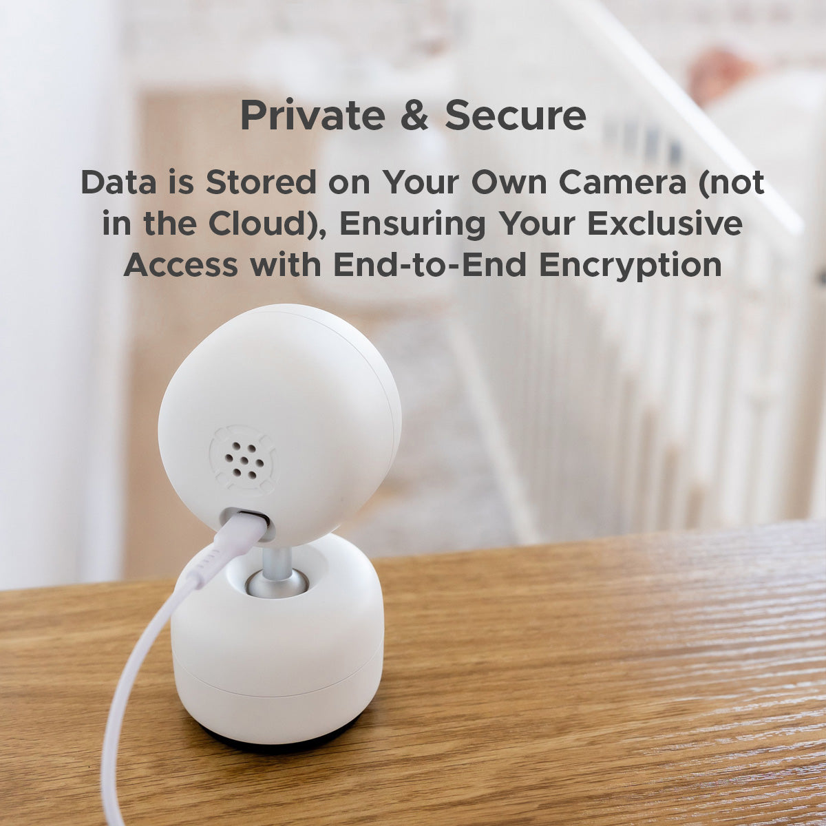 Image of back of camera with text overlay: Private & Secure.  Data is Stored on Your Own Camera (not in the Cloud), Ensuring Your Exclusive Access with End-to-End Encryption